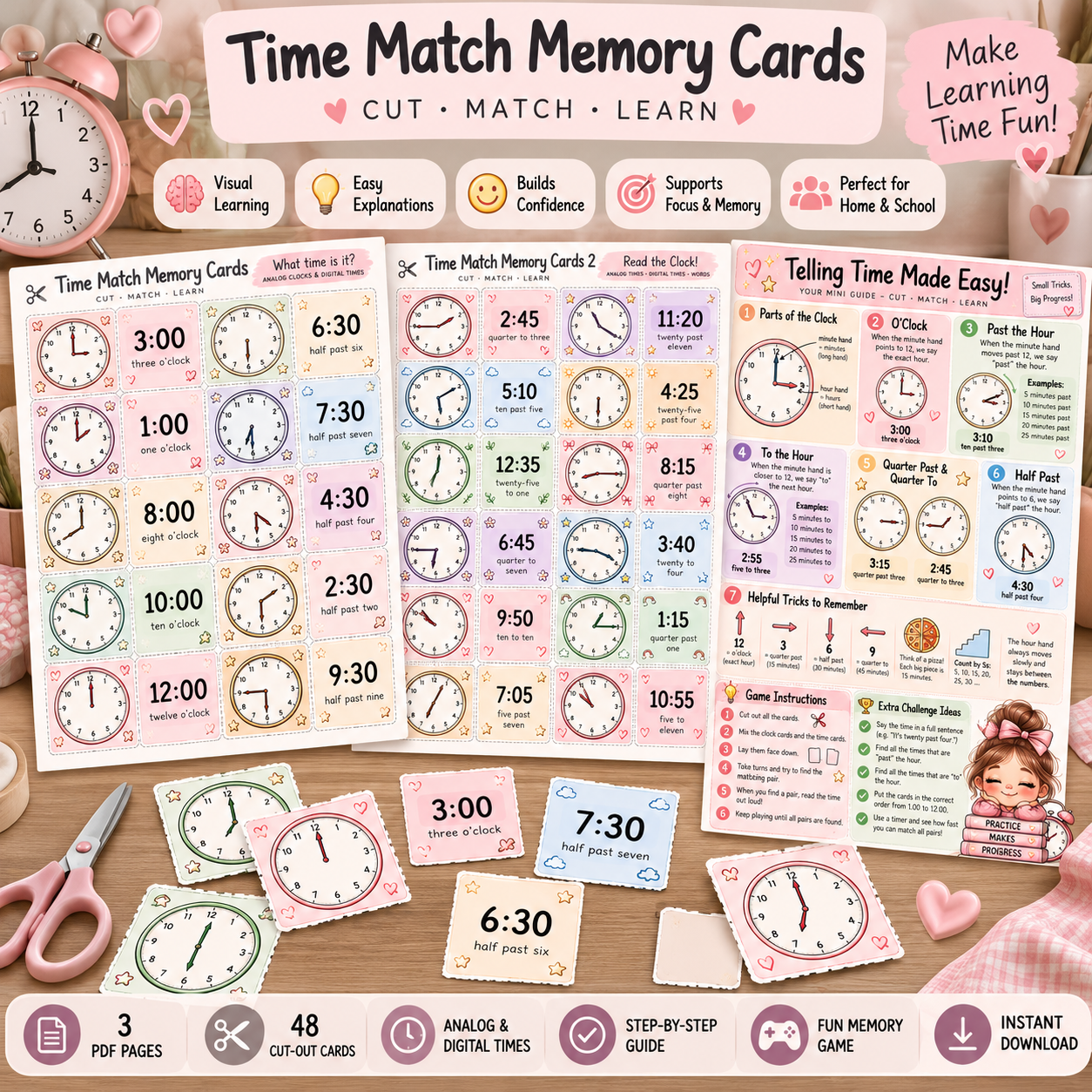 Kids Learning Memory Games Bundle | Telling Time & Reading Printable Cards