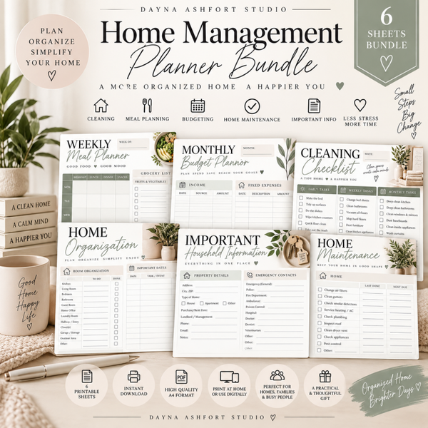 Home Management Planner Bundle – Printable Household Organizer | 6 A4 PDF Sheets