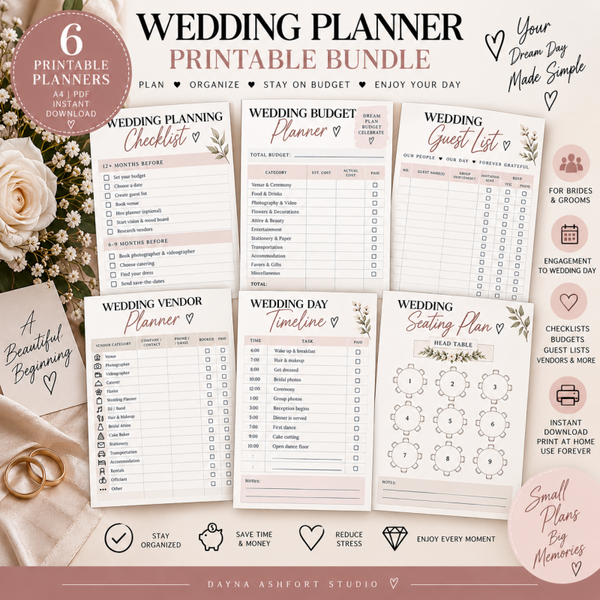 Wedding Planner Printable Bundle – Wedding Checklist, Budget & Guest List | 6 PDF Sheets