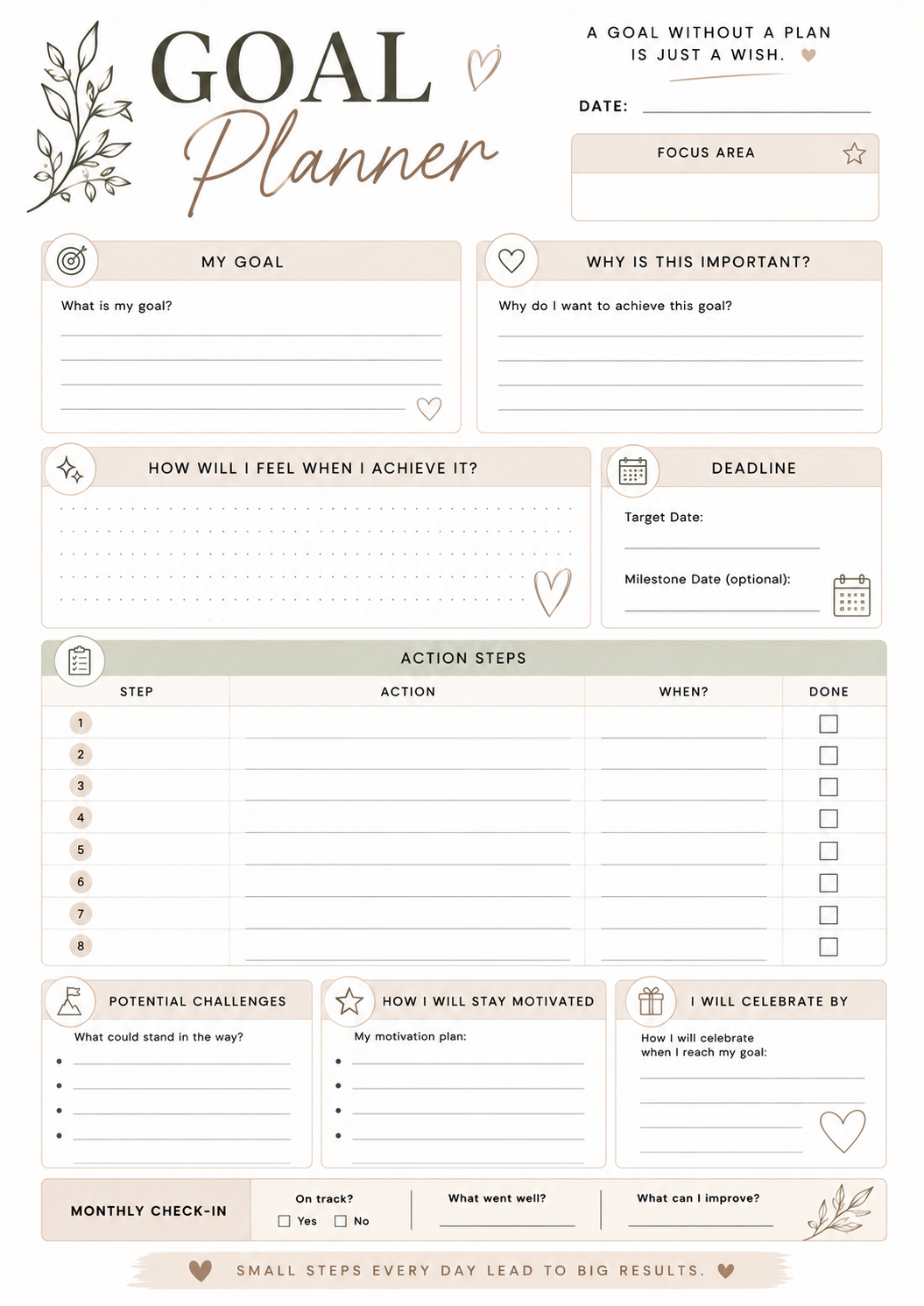 Free Goal Planner Printable – Goal Setting, Action Steps & Deadline Worksheet