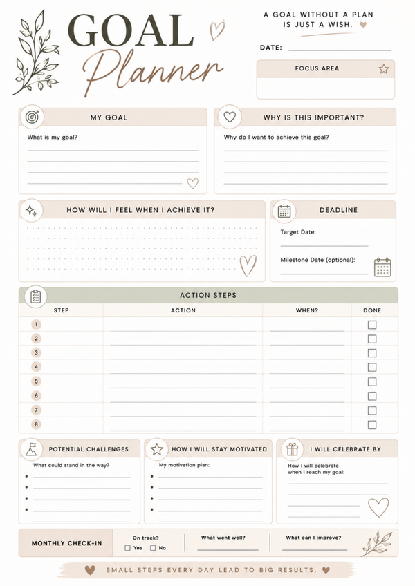 Free Goal Planner Printable – Goal Setting, Action Steps & Deadline Worksheet