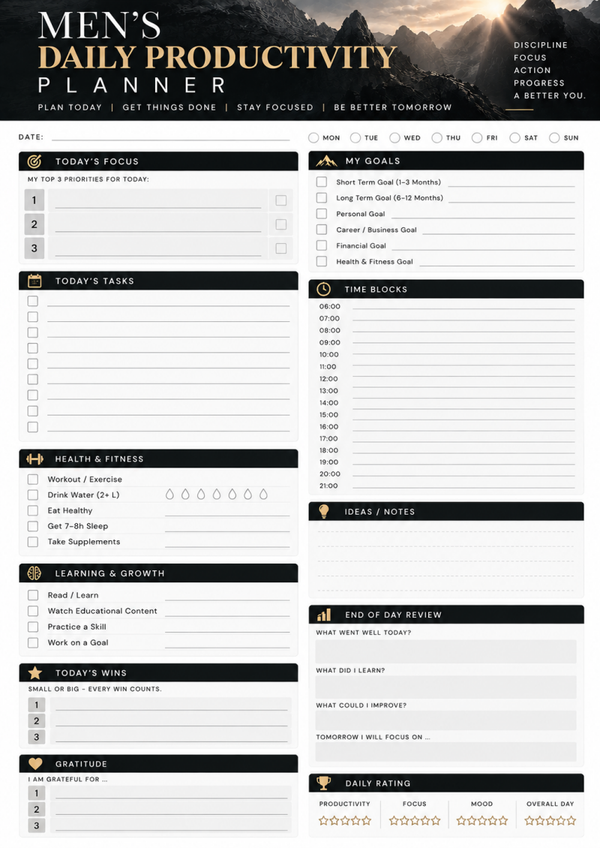 Men’s Daily Productivity Planner Printable – Time Blocking, Goals & Daily Tasks