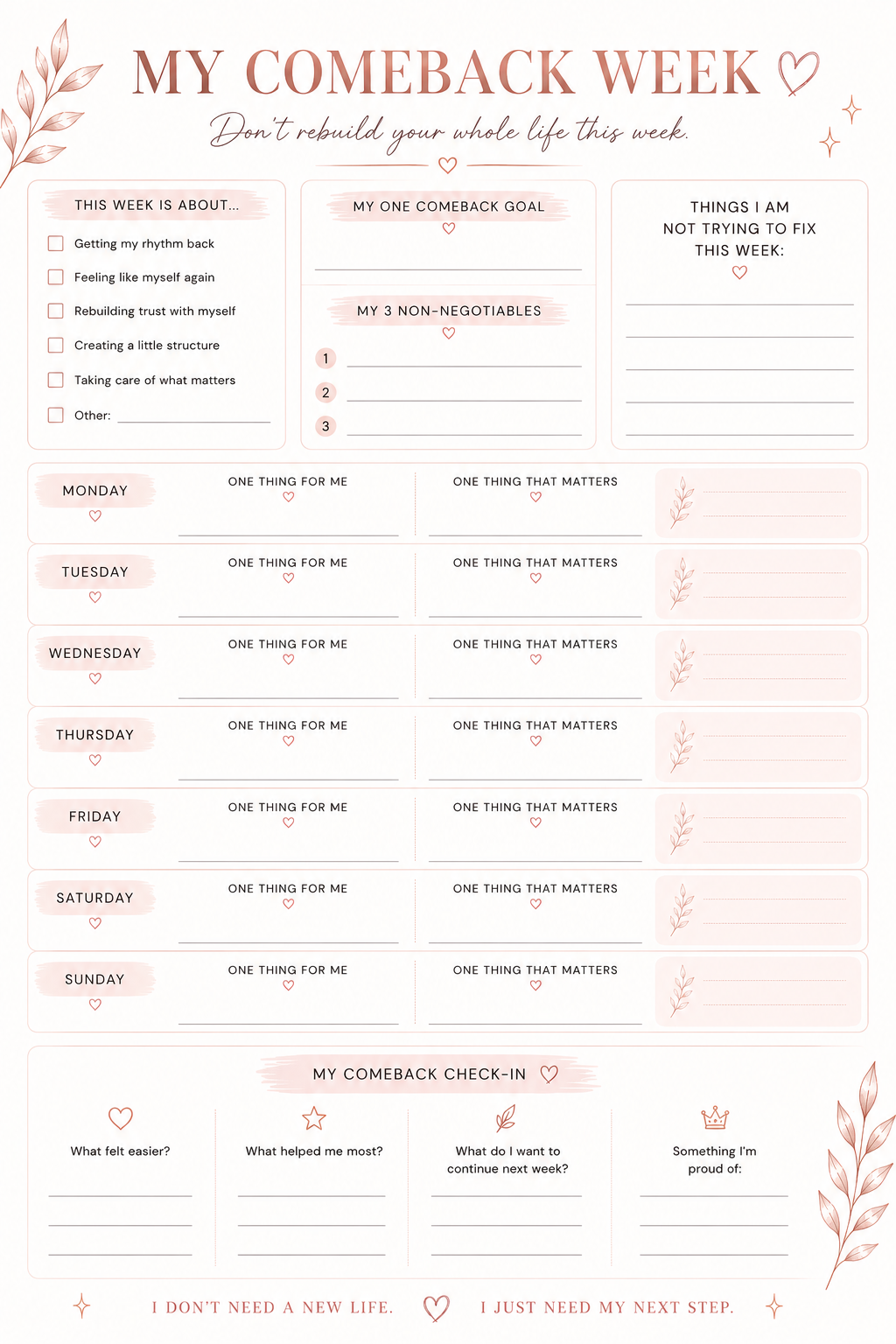 Weekly Reset Planner Printable | Life Reset, Self Care & Routine Planner Worksheet