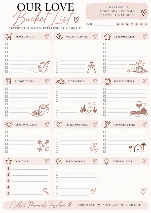 Our Love Bucket List Printable | Couples Date Ideas, Adventures & Memories