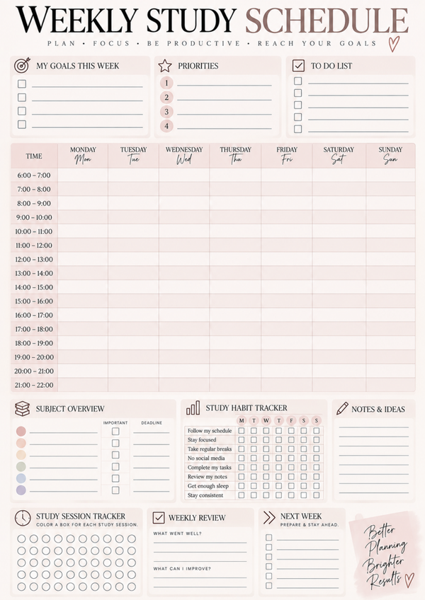 Weekly Study Schedule – Free Student Study Planner Printable