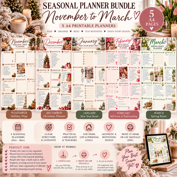 Seasonal Planner Bundle November–March | Christmas, New Year Reset & Spring Planner | 5 Printable A4 Sheets