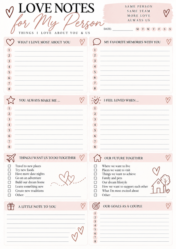 Love Notes for My Person Printable | Couples Love & Relationship Worksheet