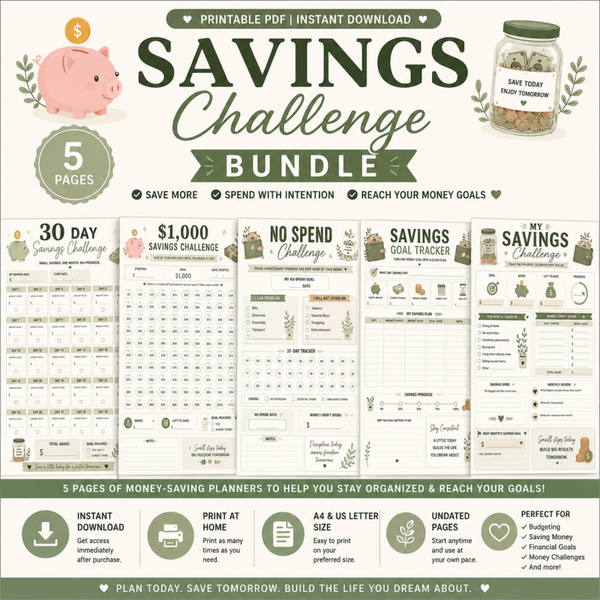 Savings Challenge Printable Bundle | Money Saving Tracker & No Spend Challenge