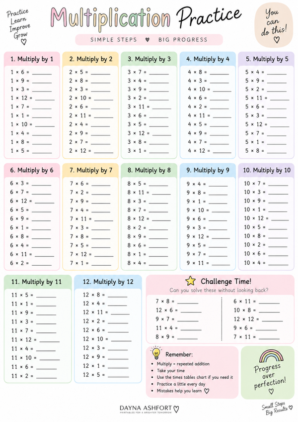 Free Multiplication Worksheet – Times Tables 1–12 Practice for Kids