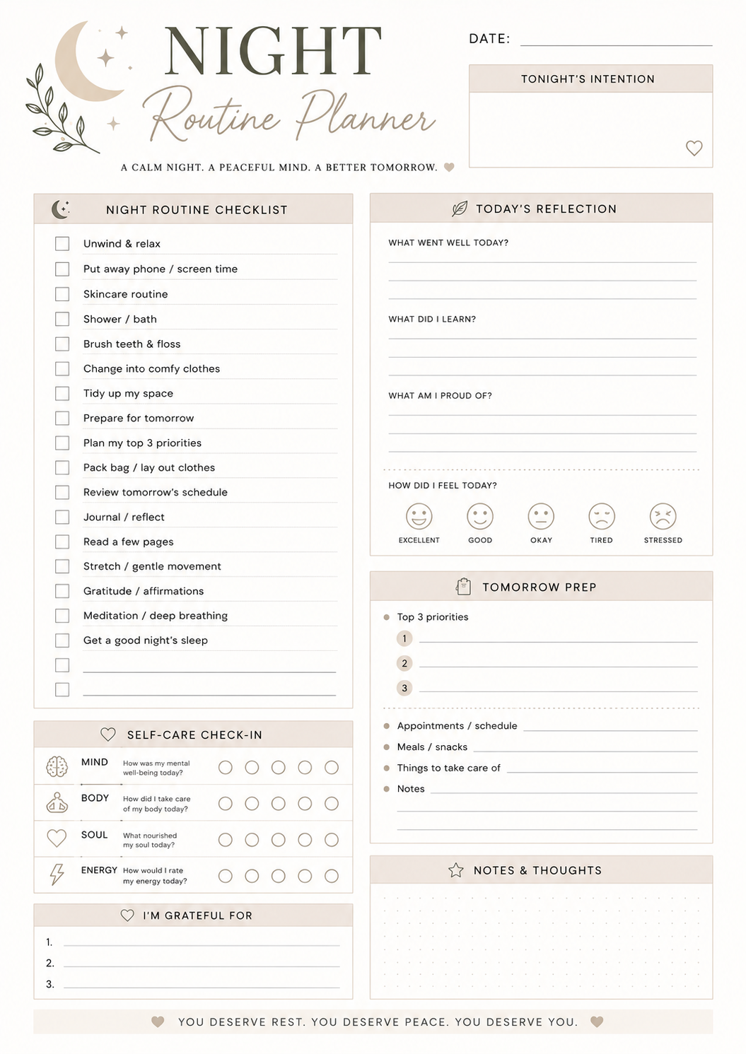 Free Night Routine Planner Printable – Evening Routine, Self-Care & Tomorrow Prep