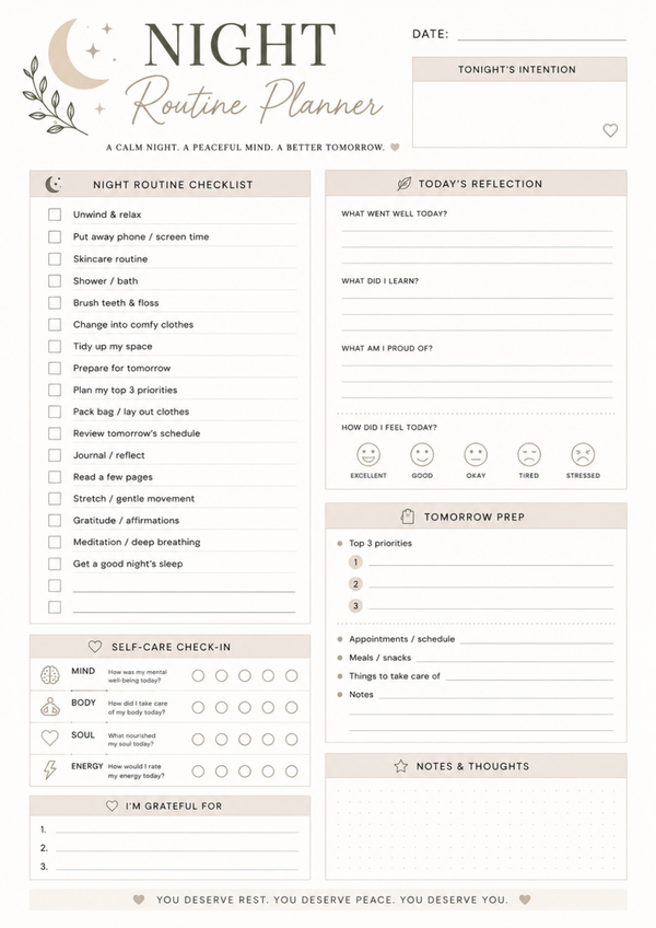 Free Night Routine Planner Printable – Evening Routine, Self-Care & Tomorrow Prep