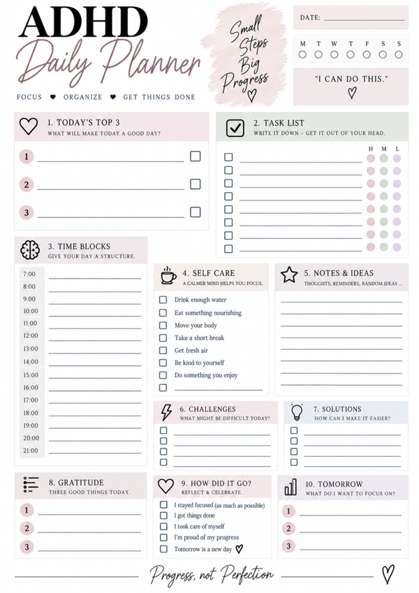 ADHD Daily Planner Printable | ADHD Productivity, Task & Time Blocking Planner