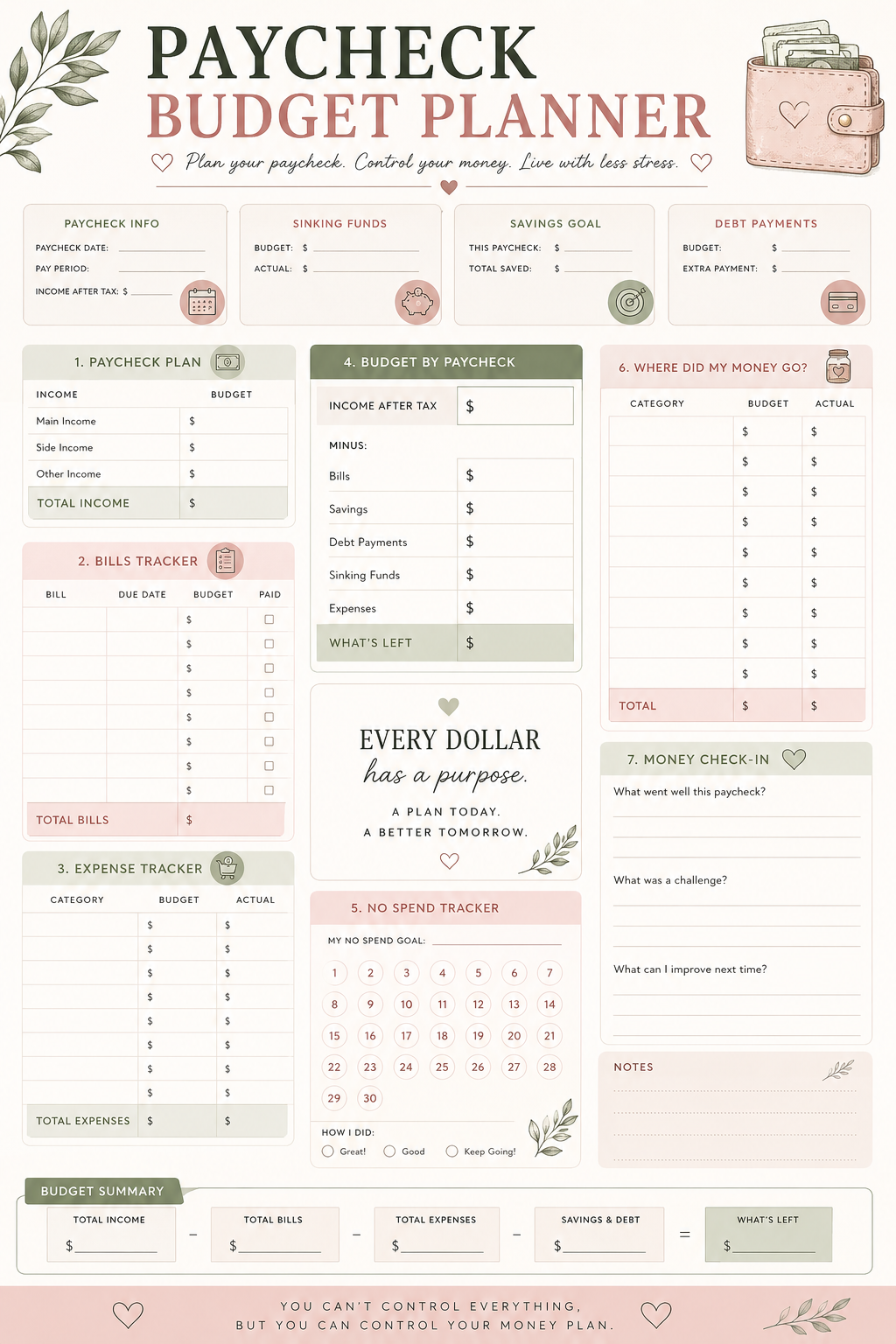 Paycheck Budget Planner Printable | Budget by Paycheck, Bill & Expense Tracker