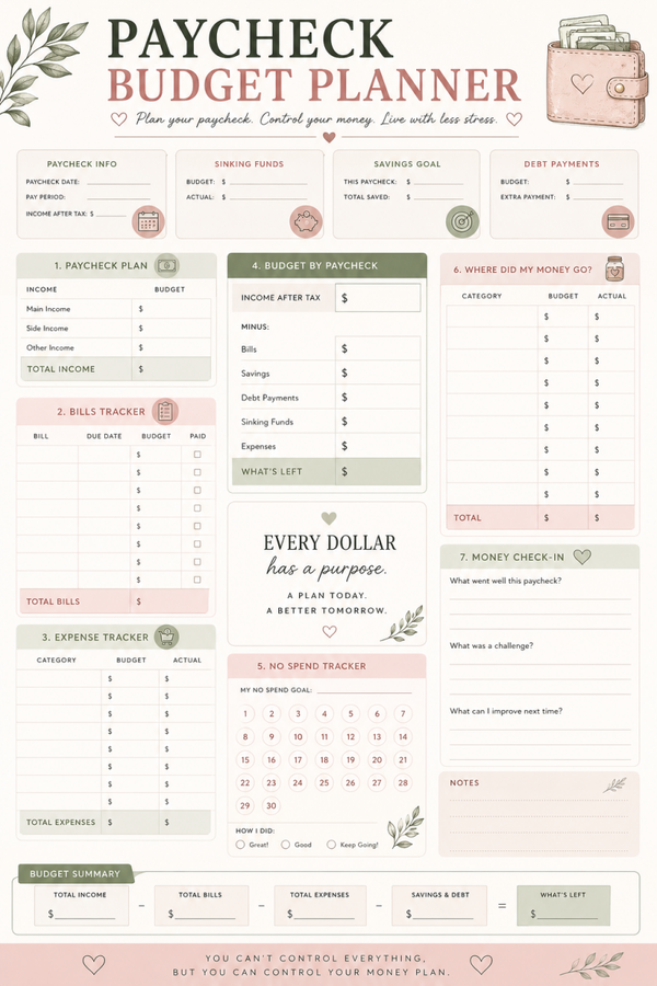 Paycheck Budget Planner Printable | Budget by Paycheck, Bill & Expense Tracker