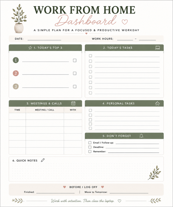 Work From Home Planner Printable | Daily Productivity & Home Office Dashboard