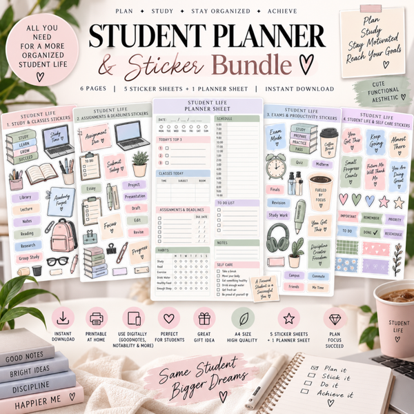 Student Planner & Sticker Bundle Printable | College Planner, Study Stickers & School Organization