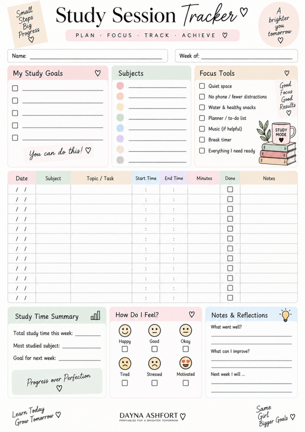 Free Study Tracker Printable – Study Session Planner for Students
