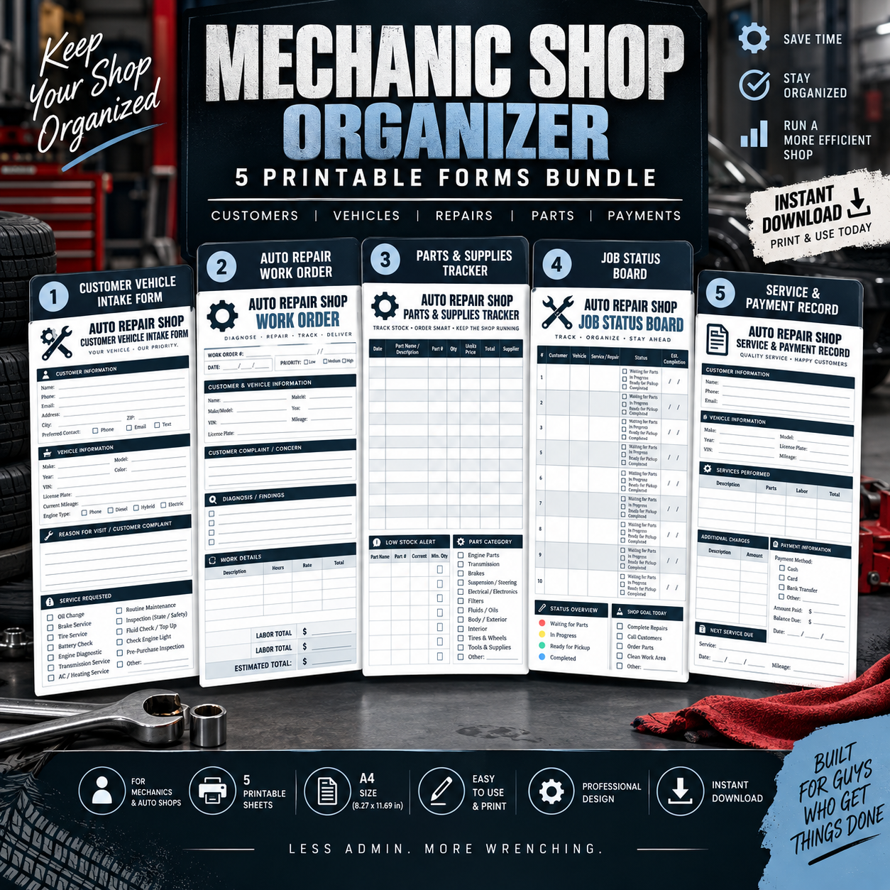 Mechanic Shop Organizer Printable Bundle | Auto Repair Shop Work Order, Customer Intake & Parts Tracker