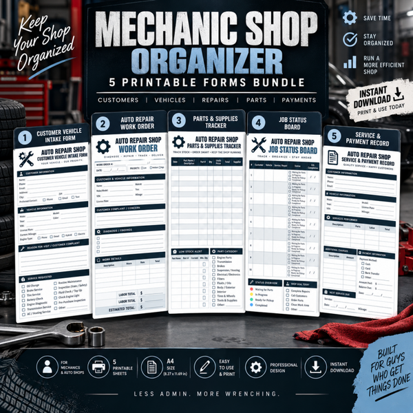 Mechanic Shop Organizer Printable Bundle | Auto Repair Shop Work Order, Customer Intake & Parts Tracker