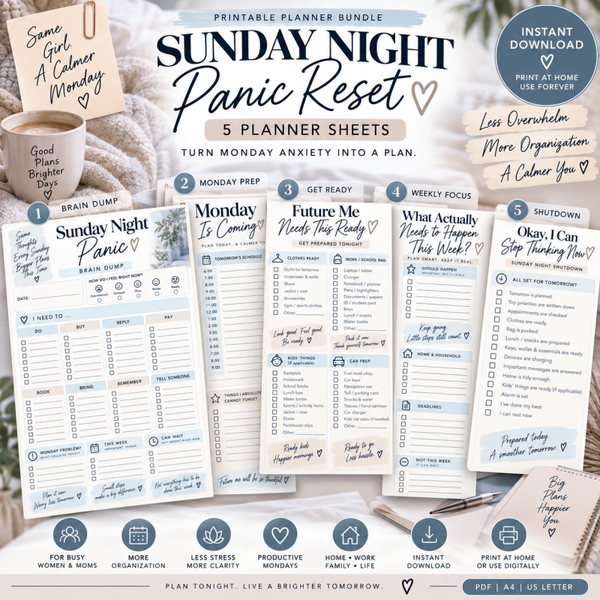 Sunday Night Reset Planner Bundle | 5 Printable Weekly Reset & Monday Prep PDF Sheets