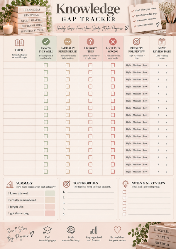 Free Knowledge Gap Tracker Printable | Exam Revision & Active Recall Study Planner