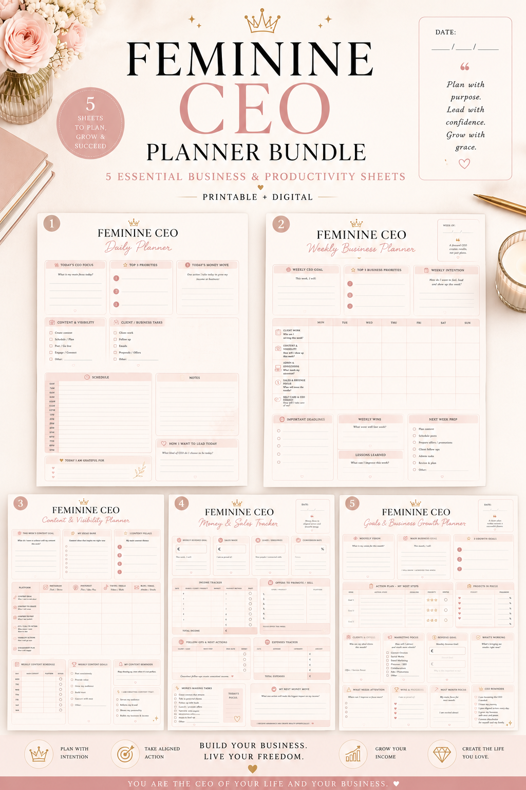 Feminine CEO Planner Bundle | 5 Printable Business & Productivity PDF Sheets