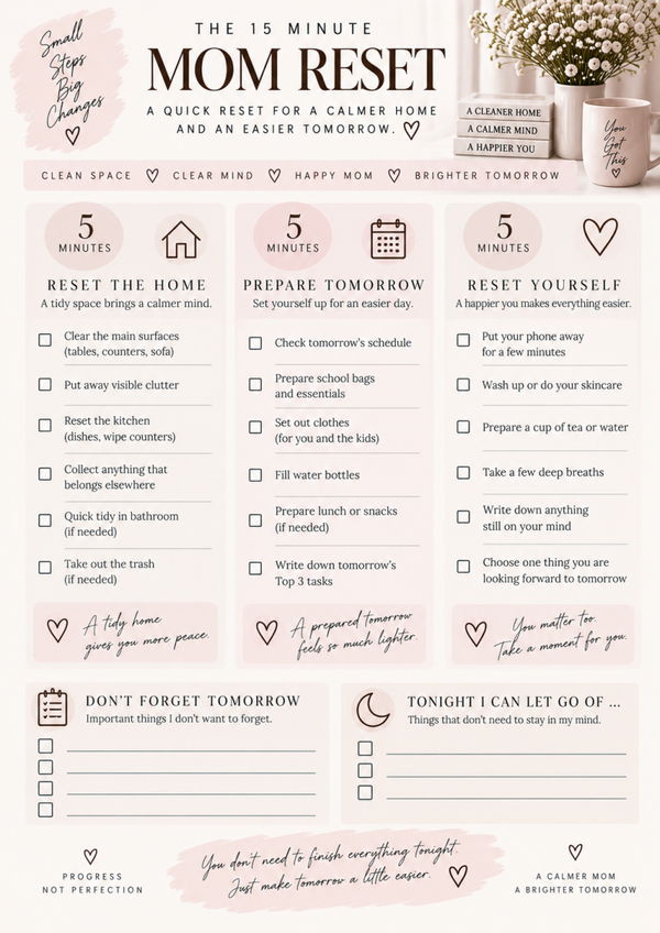 Free 15 Minute Mom Reset Printable | Quick Evening Reset Routine