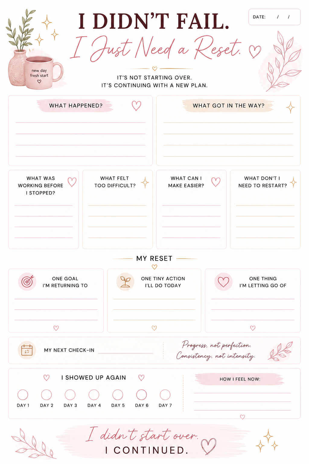 Goal Reset Worksheet Printable | 2027 New Year Goals, Habit & Personal Growth Planner
