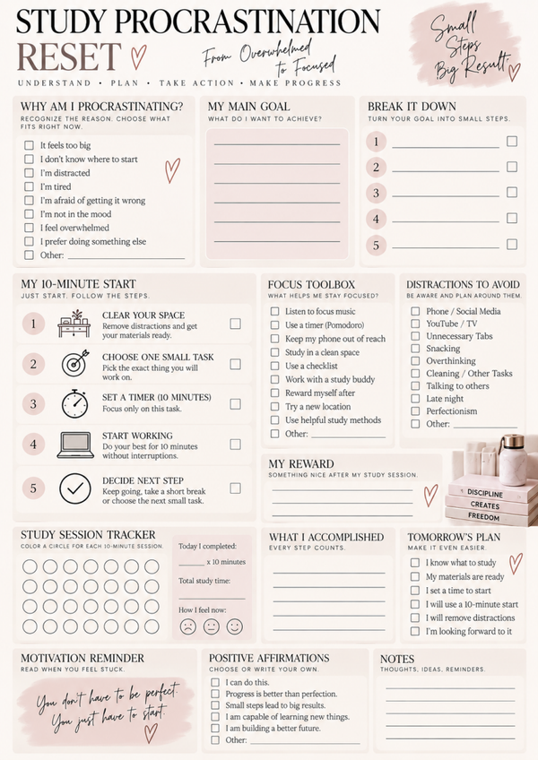 Study Procrastination Reset – Free Study Motivation & Focus Printable