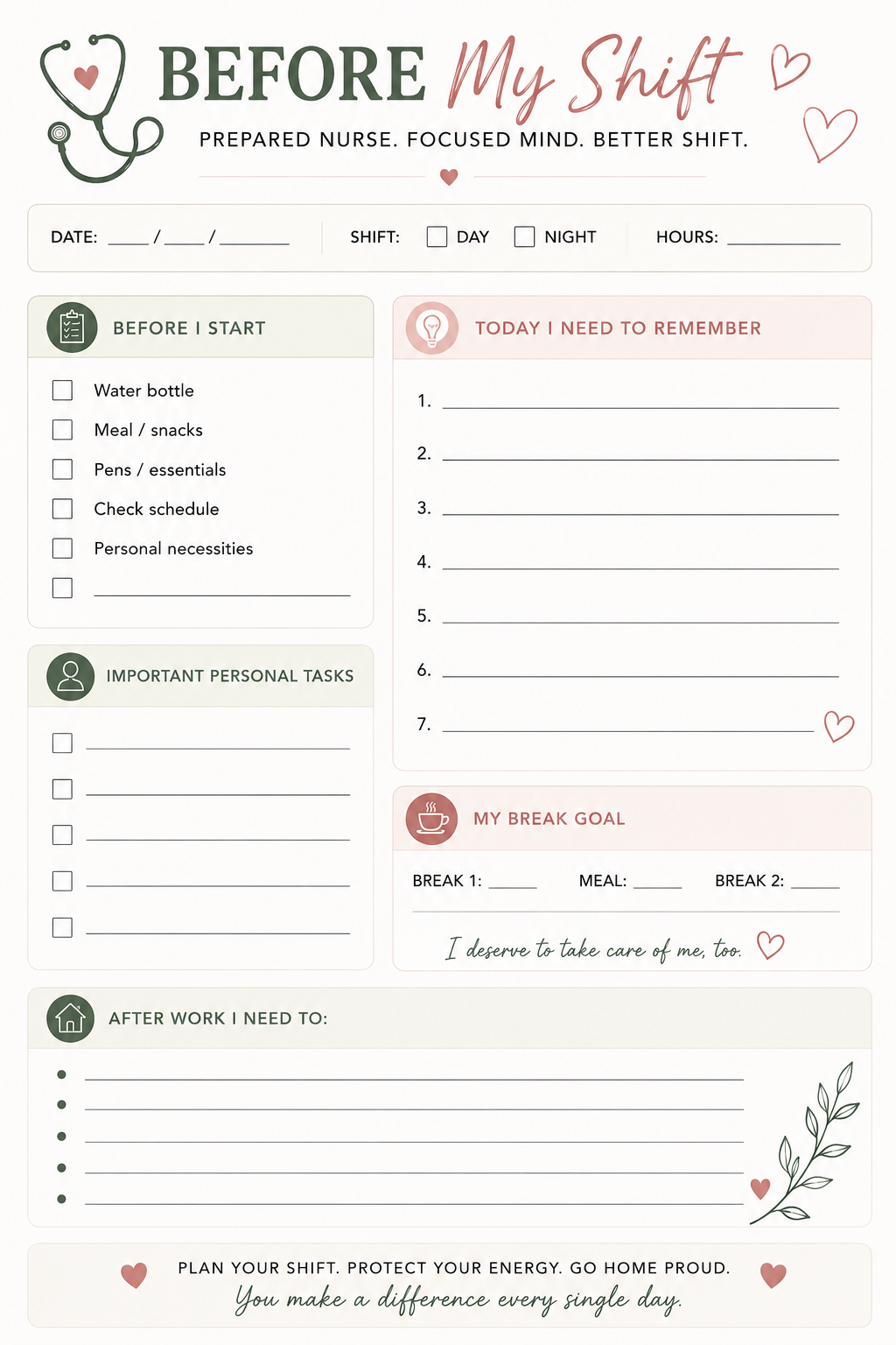 Nurse Shift Planner Printable | Nursing Checklist, Shift Organizer & Nurse Self Care Planner