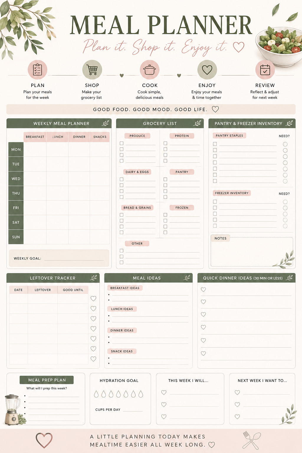 Meal Planner Printable | Weekly Meal Planner, Grocery List & Leftover Tracker
