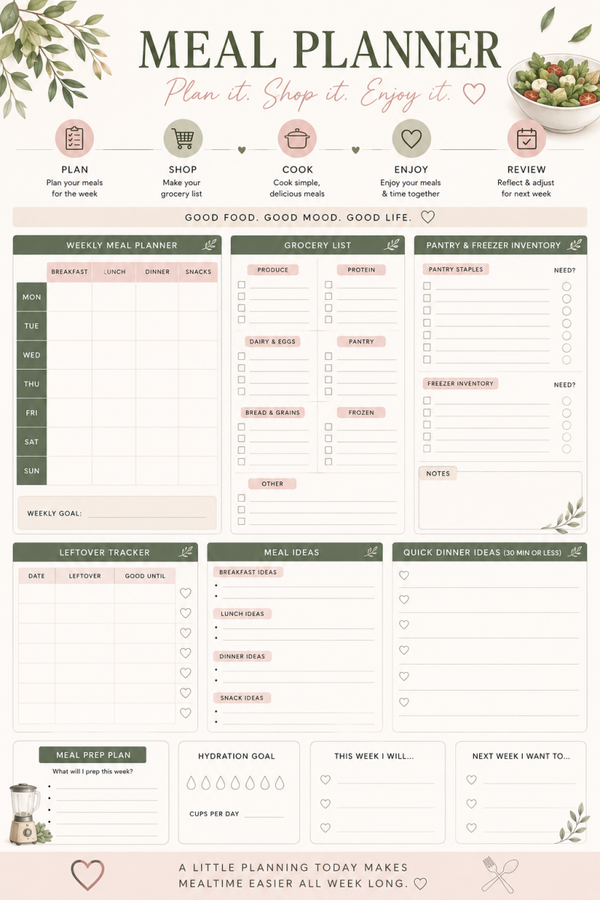 Meal Planner Printable | Weekly Meal Planner, Grocery List & Leftover Tracker