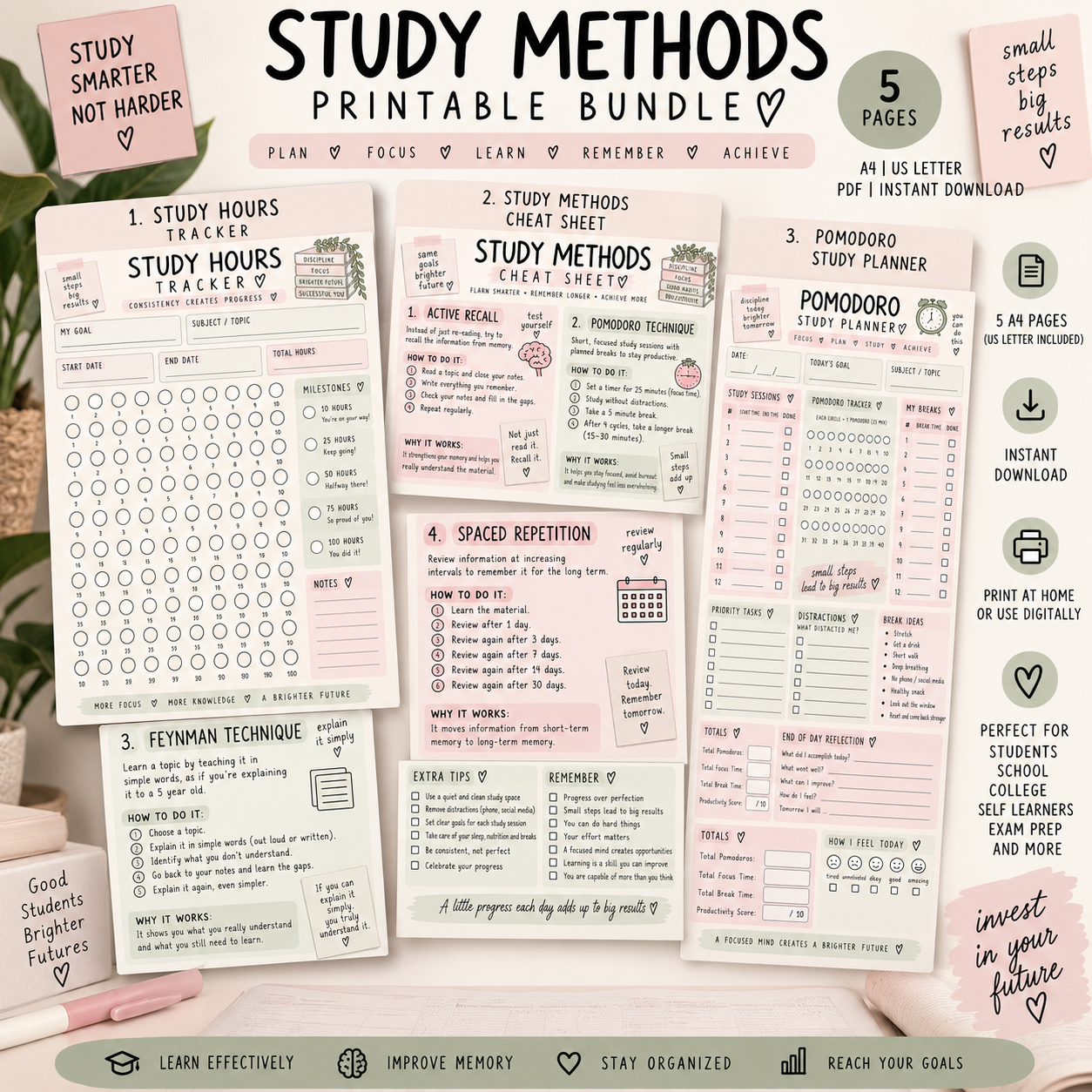 Study Methods Planner Bundle | 5 Printable Study Tracker, Pomodoro & Study Technique PDF Sheets
