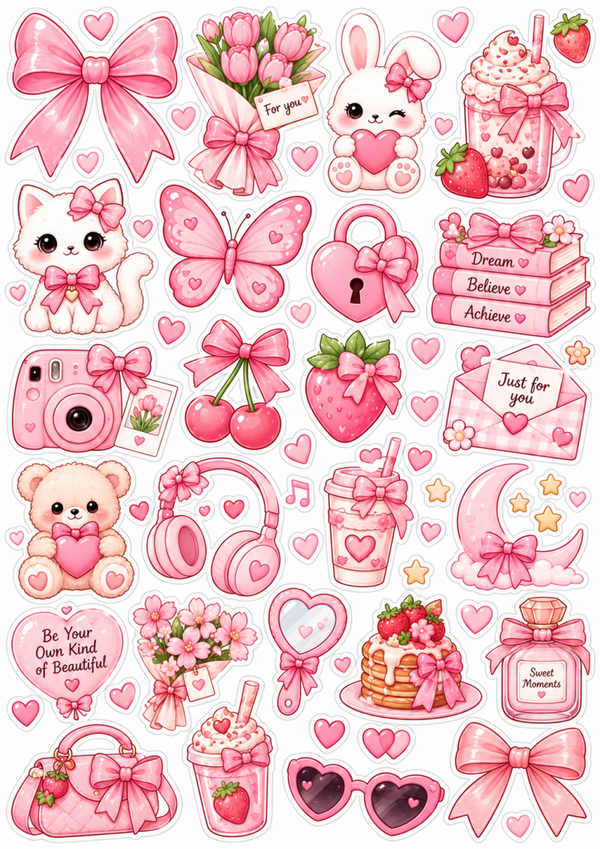 Free Pink Kawaii Sticker Sheet | Cute Coquette Planner Stickers