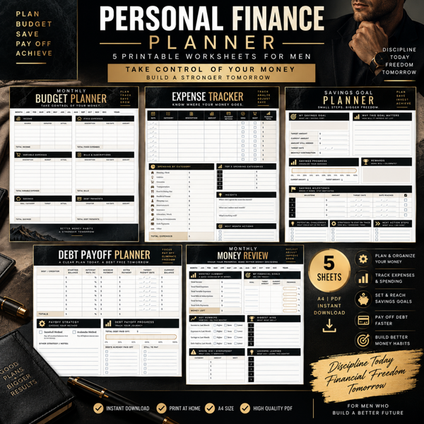 Personal Finance Planner for Men | Budget Planner, Expense Tracker, Savings & Debt Payoff Printable