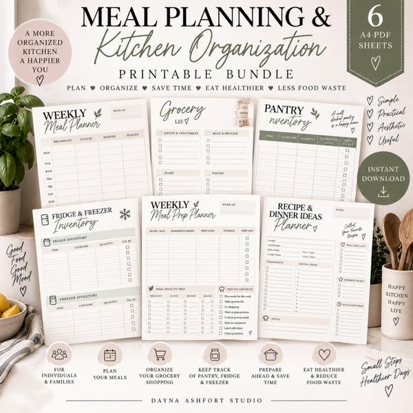 Meal Planner Printable Bundle – Weekly Meal Planner, Grocery List & Kitchen Organization | 6 PDF Sheets
