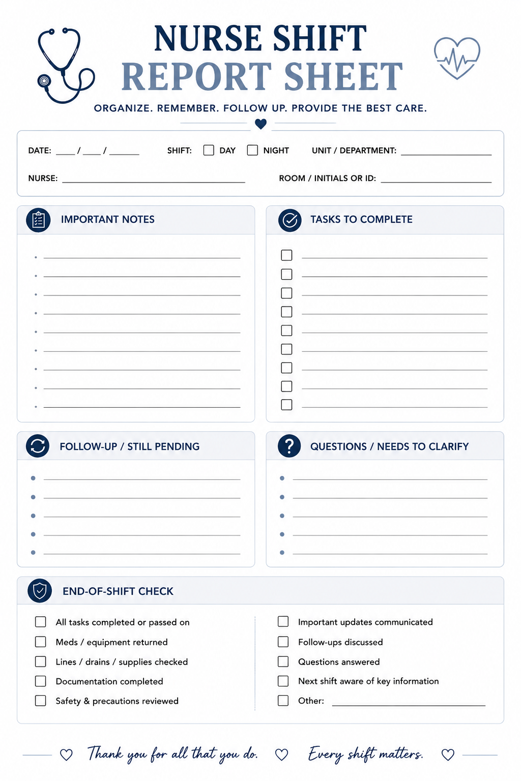 Nurse Report Sheet Printable | Nursing Brain Sheet, Nurse Shift Report & Handoff Organizer