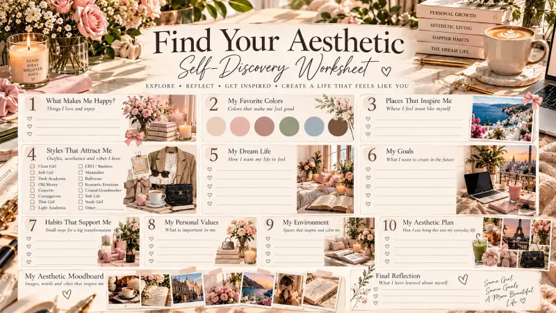 Find Your Aesthetic self-discovery worksheet with reflection prompts, favorite colors, lifestyle aesthetics, personal values, dream life goals, daily habits and moodboard inspiration to help discover your unique personal style.