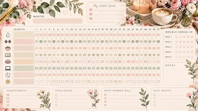 Aesthetic monthly habit tracker printable in landscape format with daily habit tracking grids, personal goals, weekly check-ins, notes and reflection sections for achievements, challenges and next month planning, decorated with soft pink flowers and sage 