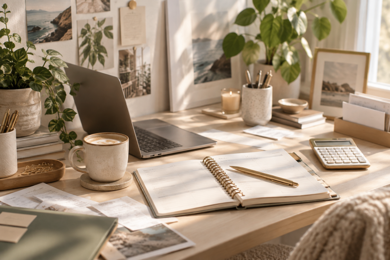 Aesthetic freelancer home office with laptop, finance planner, receipts, calculator and coffee for organizing monthly business finances and expenses.