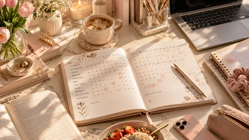 Aesthetic daily habit tracker planner with a monthly tracking grid, checkmarks, morning routine, self-care and productivity habits, surrounded by coffee, pink flowers, books and stationery on a sunlit desk.