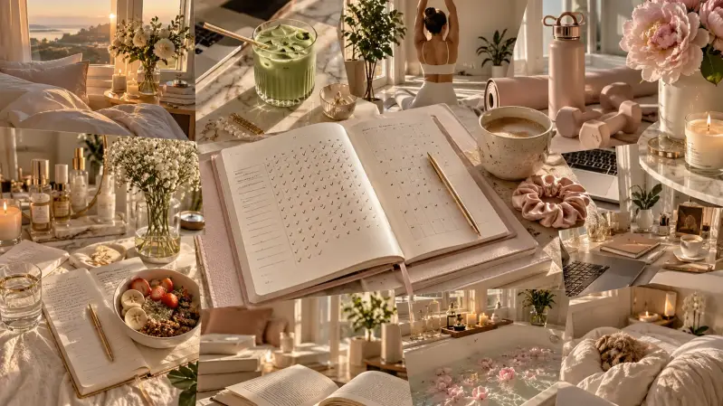Elegant habit tracker 2027 aesthetic collage featuring a daily habit tracking journal, morning routines, matcha, self-care essentials, fitness inspiration, cozy reading, and productivity planning in warm beige and blush pink tones.