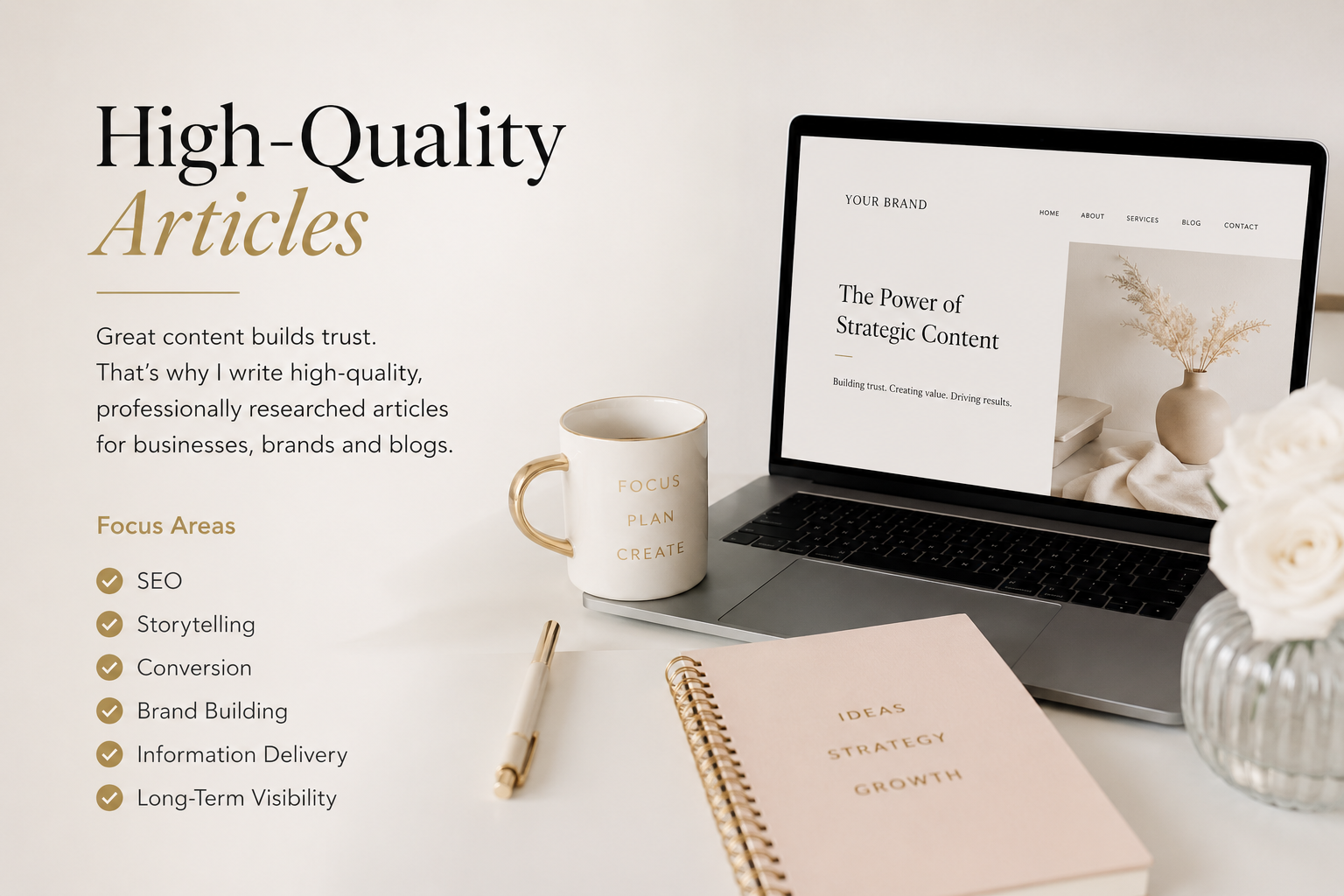 Elegant workspace with laptop, notebook and coffee representing high-quality SEO content writing, storytelling and strategic blog marketing.