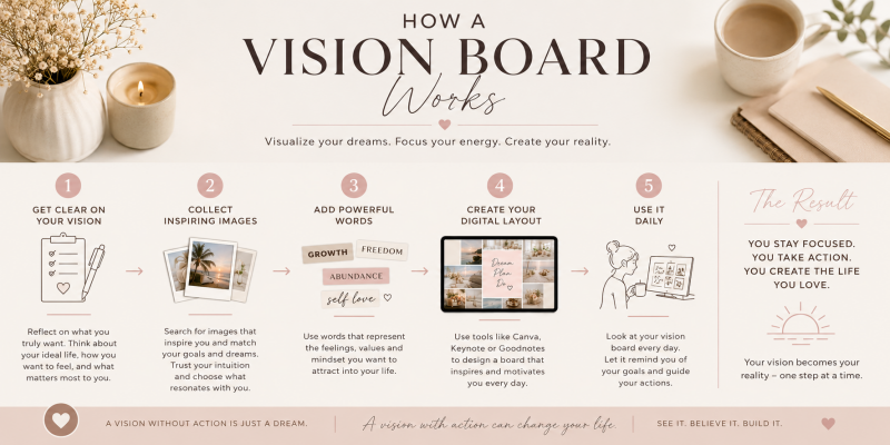 Step by step guide showing how to create and use a digital vision board.