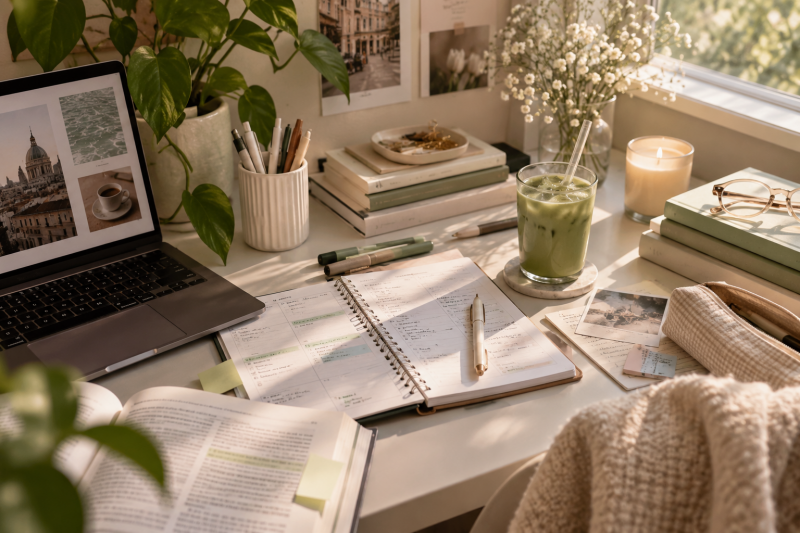 Aesthetic study workspace with weekly study planner, laptop, books, stationery and matcha, representing an organized and realistic study schedule.