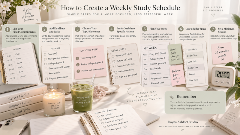 Step-by-step weekly study schedule showing how to organize commitments, deadlines, priorities, study tasks, buffer time and focused study sessions.