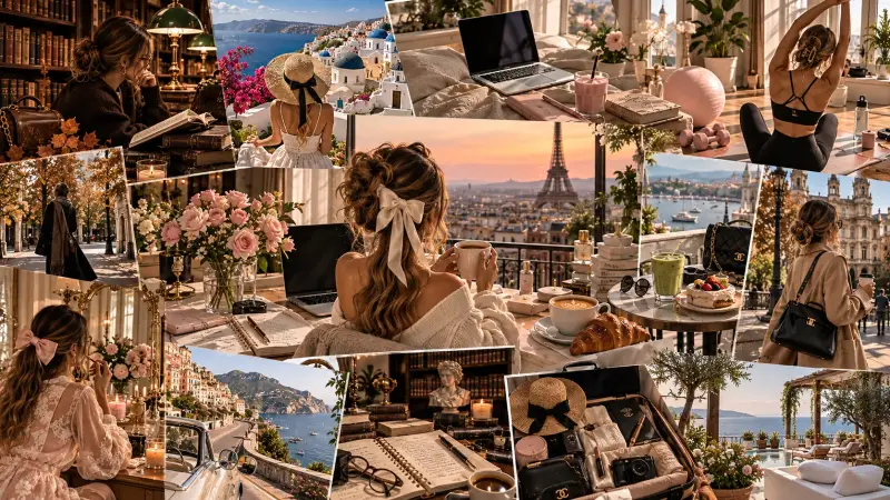 Lifestyle aesthetic moodboard featuring Dark Academia, Clean Girl, Soft Life, romantic feminine style, luxury travel, cozy study spaces, fashion, wellness and café moments to inspire finding your personal aesthetic.