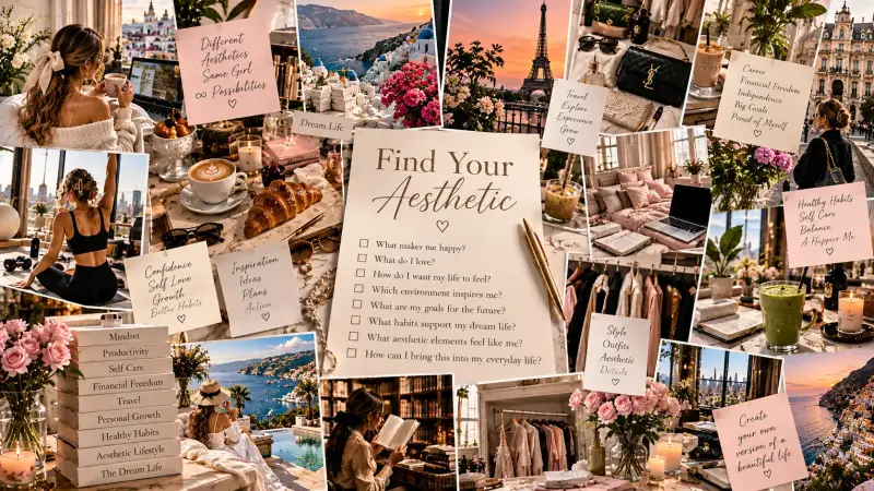 Find Your Aesthetic moodboard featuring a self-discovery worksheet, personal style inspiration, feminine outfits, cozy cafés, travel, wellness, journaling and lifestyle goals to help discover your unique aesthetic.