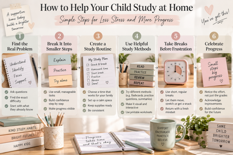 How to help your child study at home with six practical steps for better study habits, less stress and more learning progress.