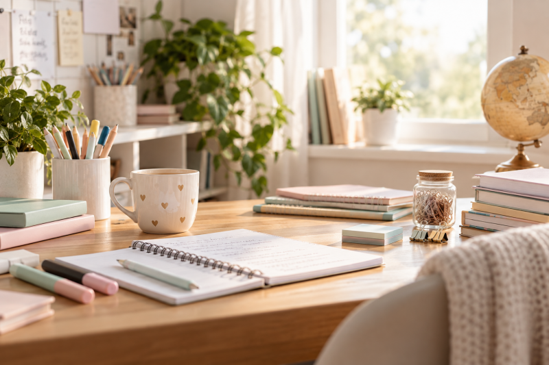 Cozy organized study space with books, notebooks and school supplies for helping children study at home.